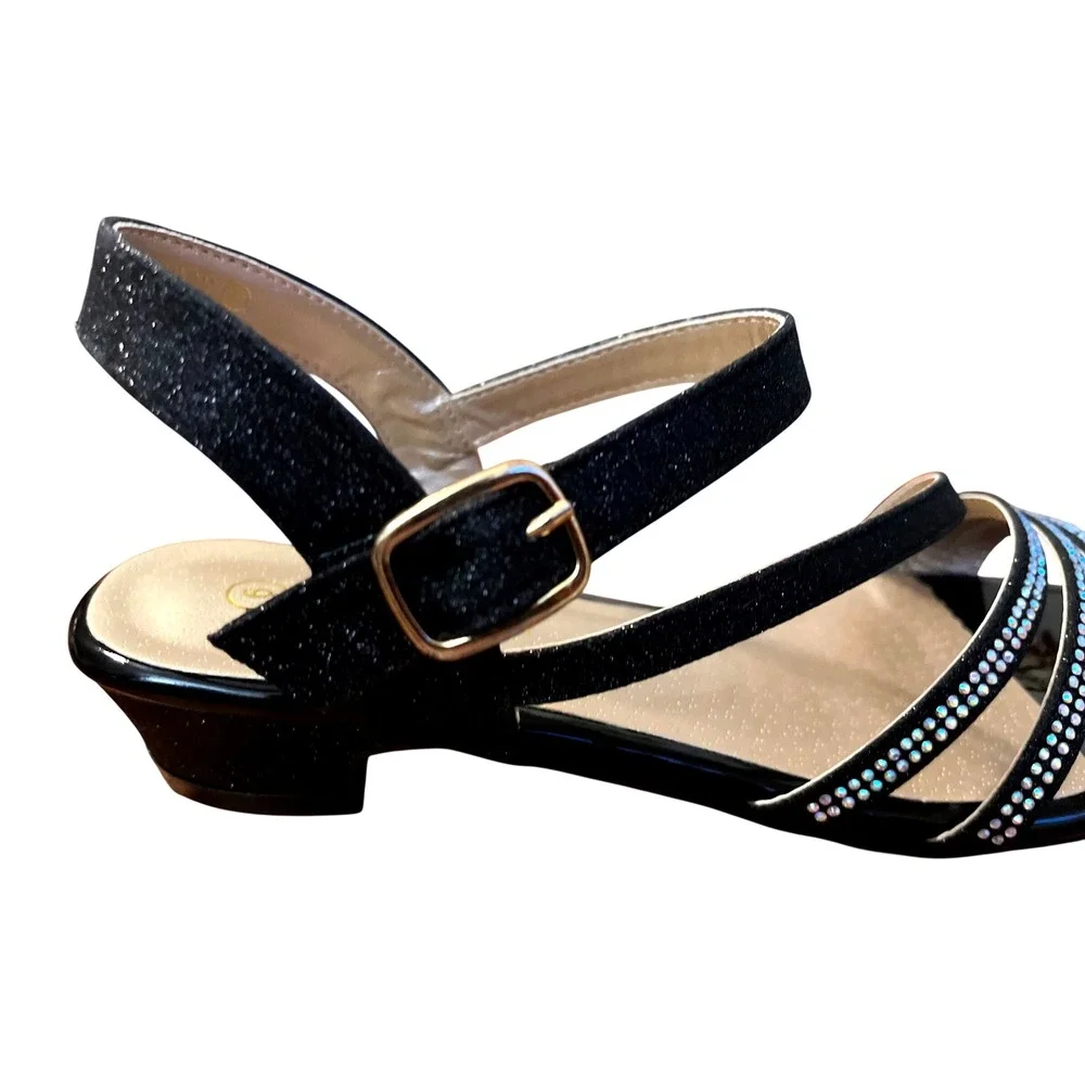 Pandaninija Girls Black Glitter Rhinestone Low Heel Sandals Size‎ 6 NWB